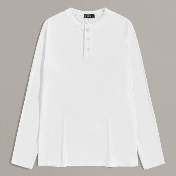 

Men Button Half Placket Solid Tee, White