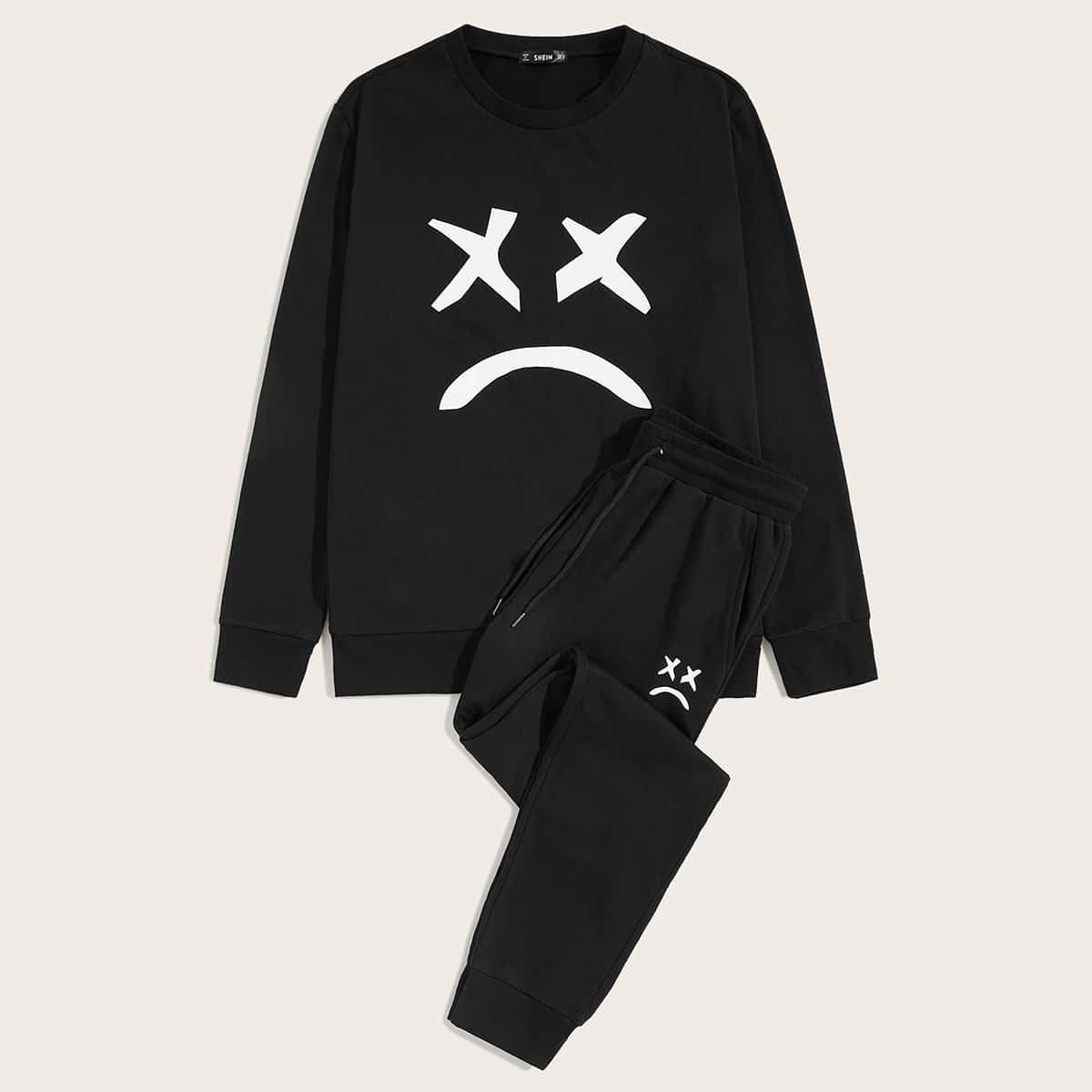

Guys Cartoon Graphic Pullover and Drawstring Waist Joggers Set, Black