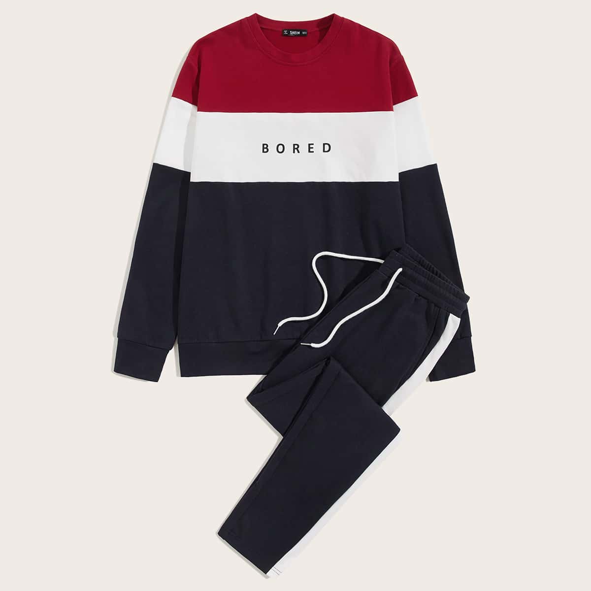 

Guys Letter Graphic Colorblock Pullover and Contrast Sideseam Joggers Set, Multicolor