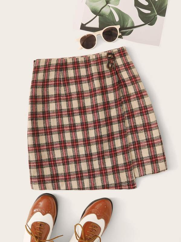 

Tartan Buttoned Wrap Skirt, Multicolor