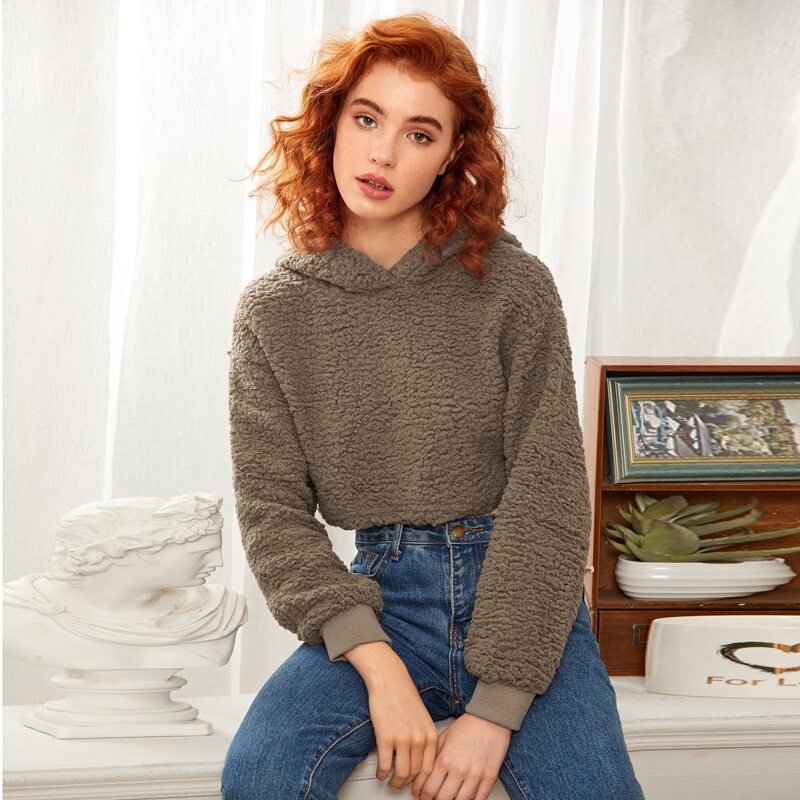 Solid Hooded Teddy Sweatshirt, Brown