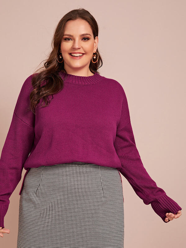 

Plus Split Side Drop Shoulder Sweater, Purple, Ella