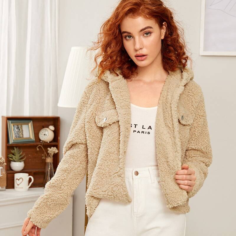 

Pocket Side Hooded Teddy Jacket, Beige
