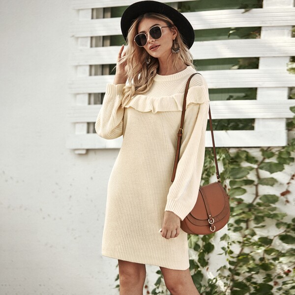 

Ruffle Trim Rib-knit Sweater Dress, Beige