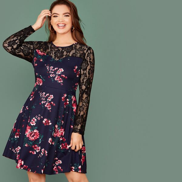 

Plus Sheer Lace Detail Floral Print Flare Dress, Multicolor