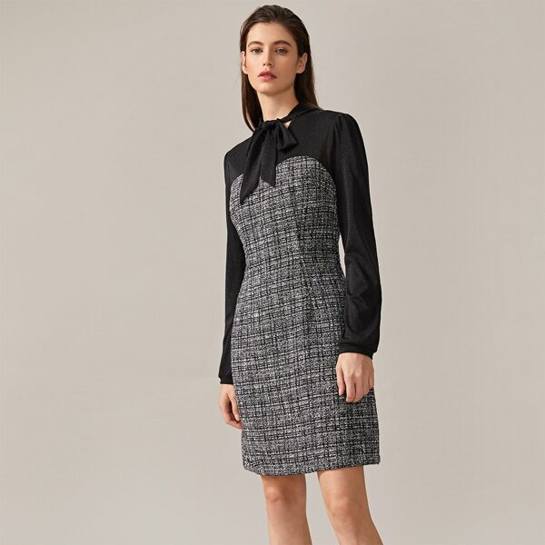 

Premium Tie Neck Glitter Yoke Tweed Dress, Black and white