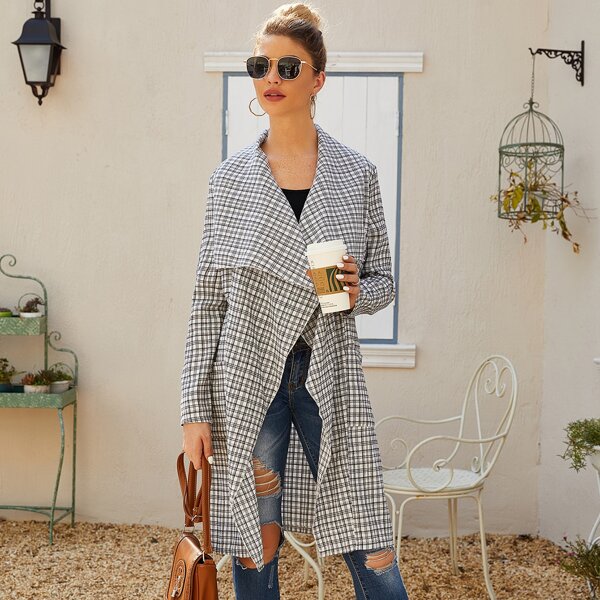 

Plaid Waterfall Collar Dual Pocket Coat, Grey