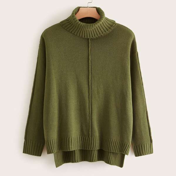 

Plus High Neck High-low Hem Sweater, Army green