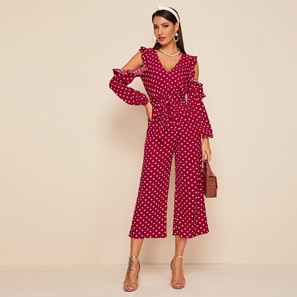 

Open Shoulder Ruffle Trim Wide Leg Polka Dot Jumpsuit, Burgundy