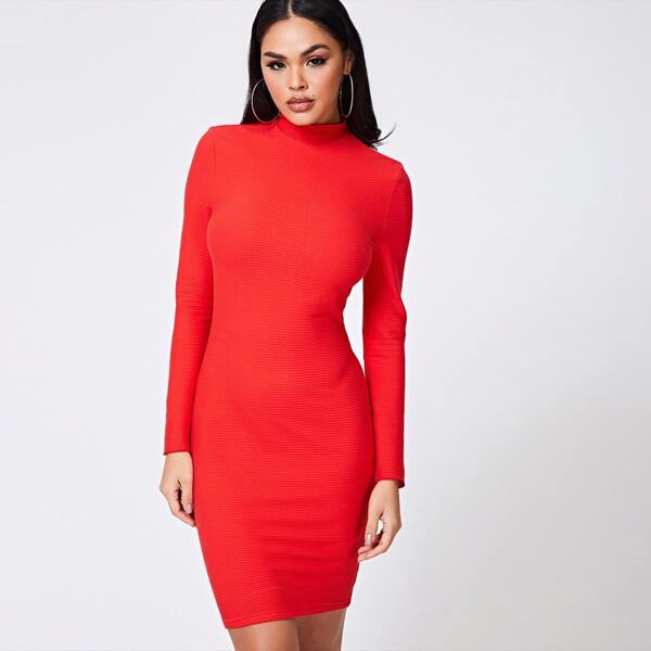 

Mock Neck Solid Bodycon Dress, Red bright