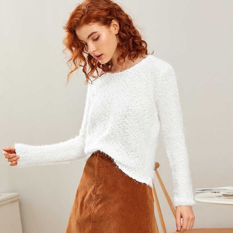 

Solid Fuzzy Mohair Sweater, White