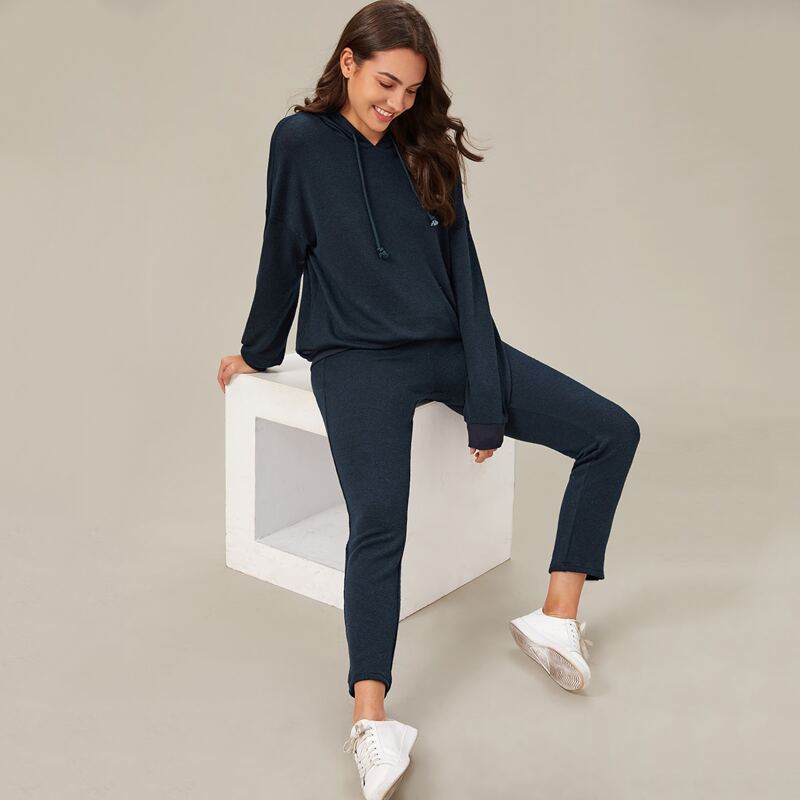 

Drawstring Detail Solid Hoodie & Pants Set, Navy