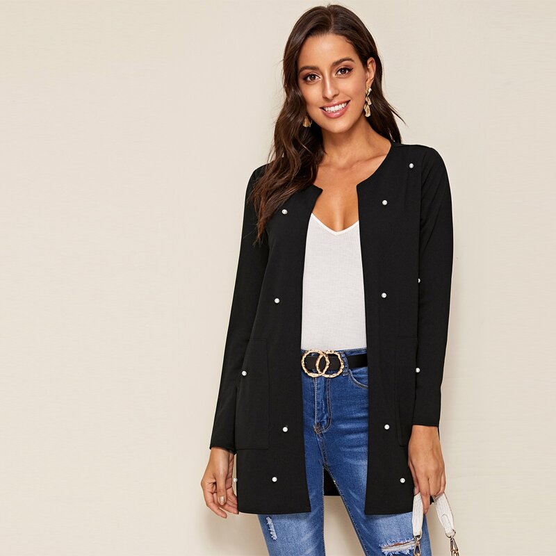 

Pearl Beaded Open Front Coat, Black