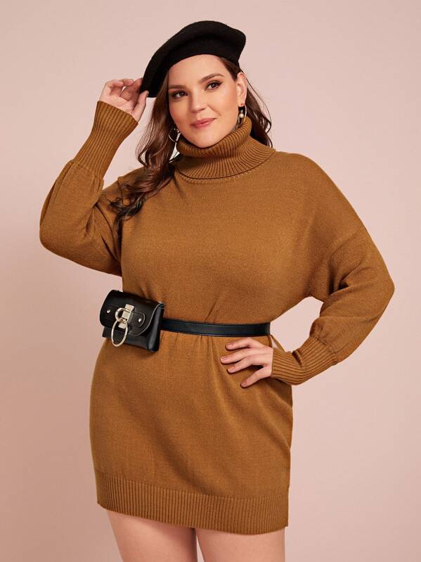 

Plus High Neck Drop Shoulder Sweater Dress Without Bag, Brown, Ella