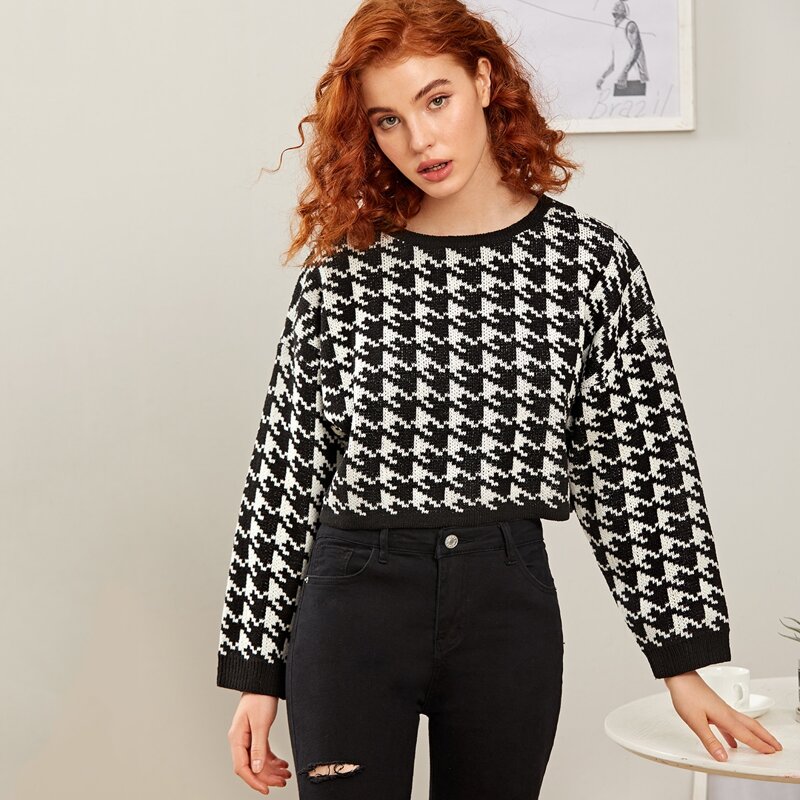 

Houndstooth Drop Shoulder Sweater, Black and white