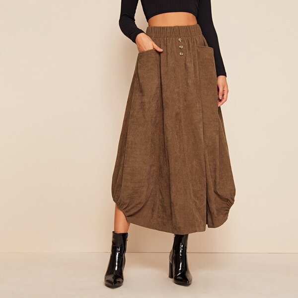 

Button Detail Pocket Front Cord Cocoon Skirt, Brown