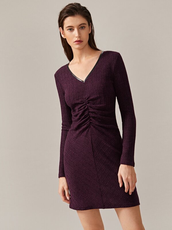 

Premium Ruched Front Rib-knit Fitted Dress, Burgundy, Mila