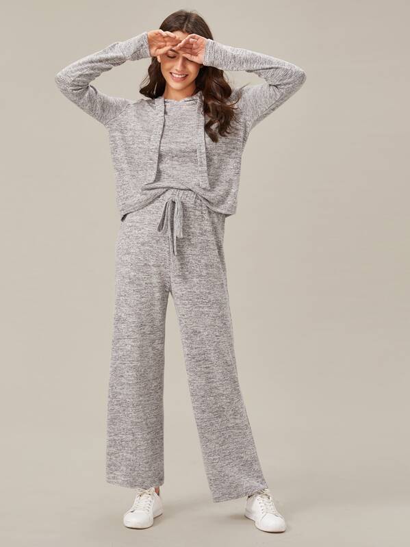 Marled Drawstring Hoodie & Pants Set, Grey, Fernanda