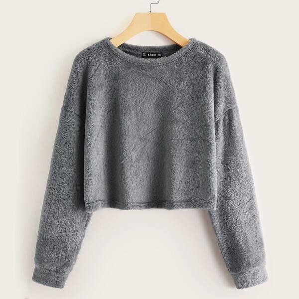 

Drop Shoulder Teddy Crop Pullover, Grey