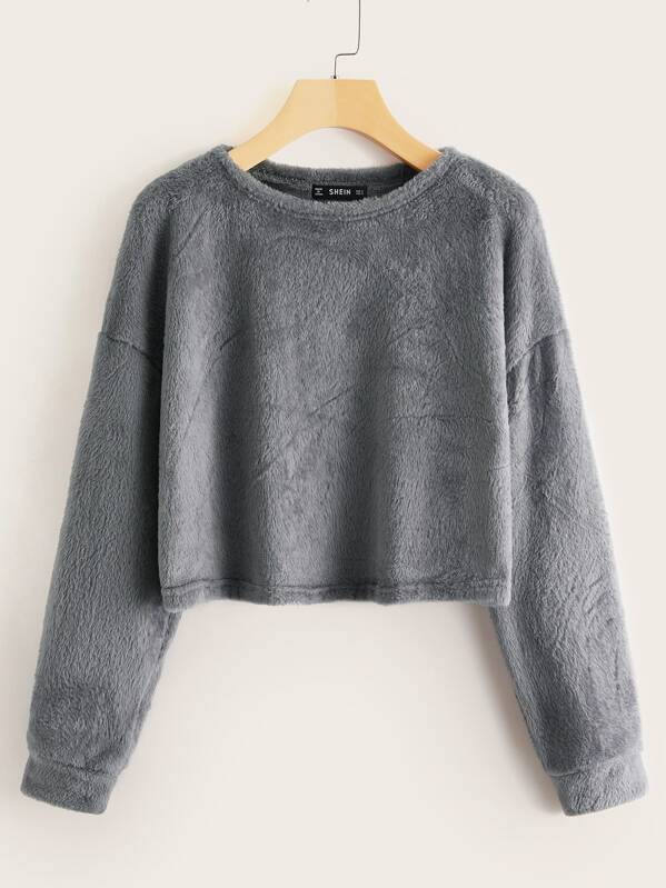 

Drop Shoulder Teddy Crop Pullover, Grey