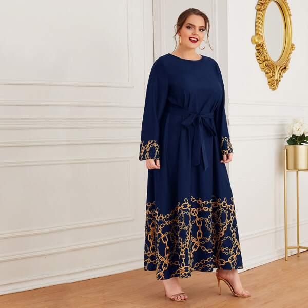 

Plus Chain Print Belted Dress, Navy blue