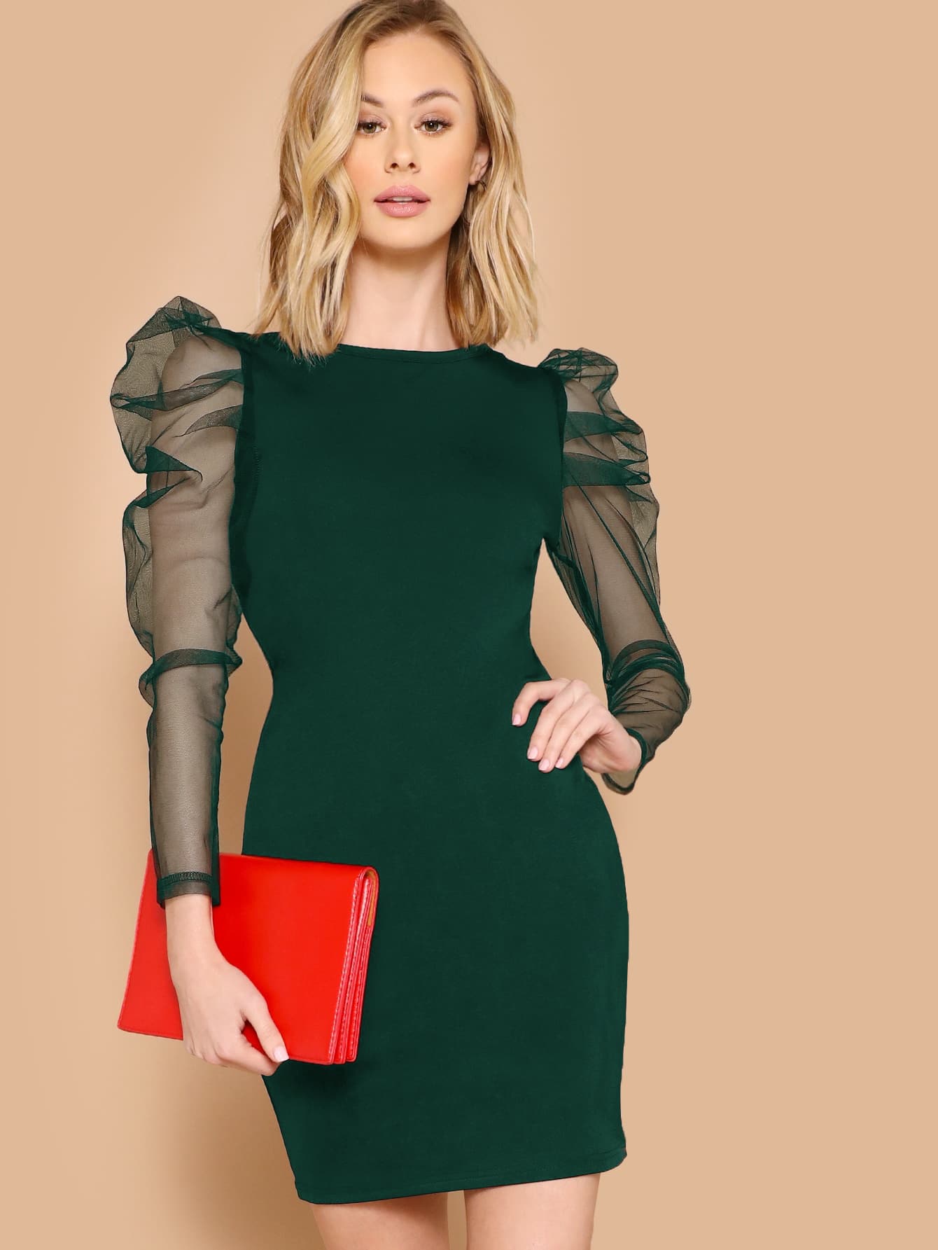SHEIN Belle Dress Kontras Mesh Plain Hijau Anggun - Dark Green - View 1