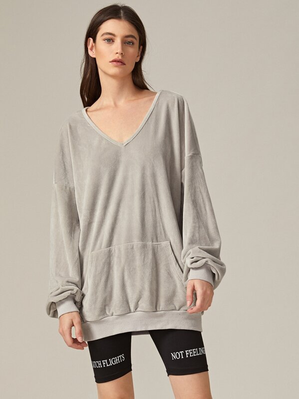 

Drop Shoulder Kangaroo Pocket Fleece Pullover, Grey, Mila