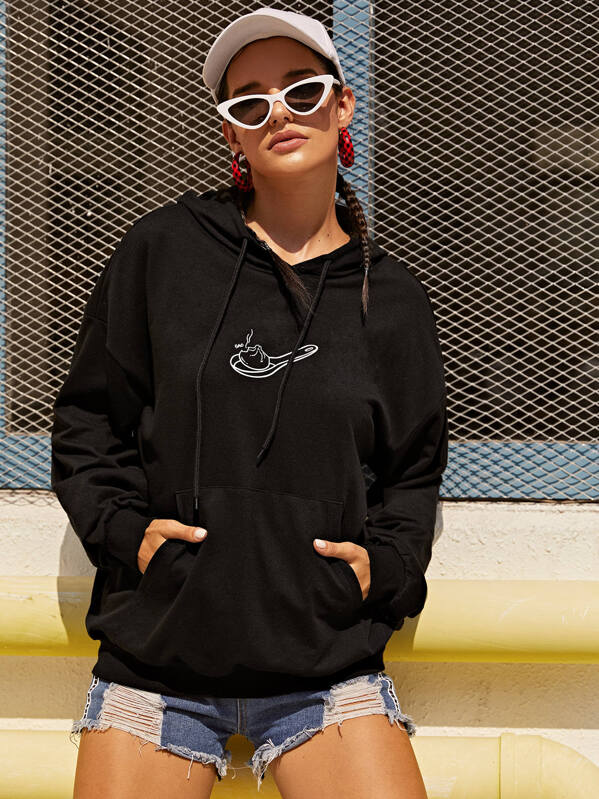 

Drop Shoulder Patch Pocket Drawstring Hoodie, Black, Juliana