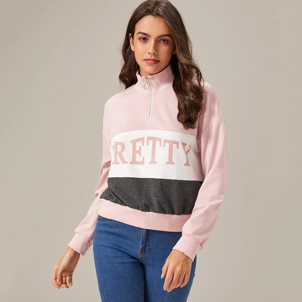

Letter Graphic Colorblock Half Zipper Pullover, Multicolor