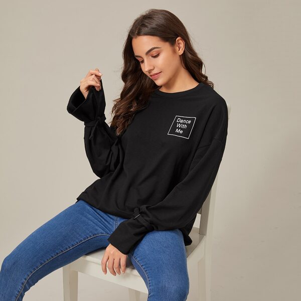 

Slogan Graphic Knot Cuff Pullover, Black