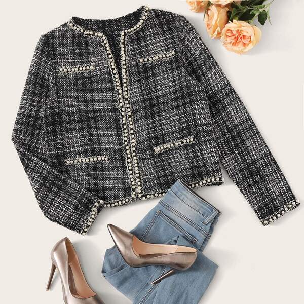 

Open Front Pearls Beaded Tweed Jacket, Black and white