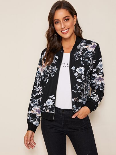 Zip Up Floral Print Bomber Jacket In Fall/Winter