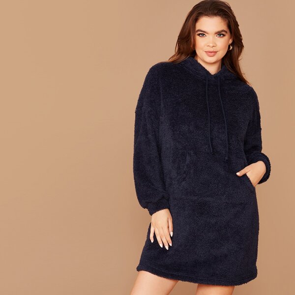 

Plus Drop Shoulder Drawstring Hooded Teddy Sweatshirt Dress, Navy