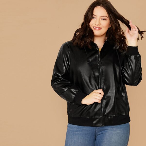 

Plus Zip Up Hooded Faux Leather Jacket, Black