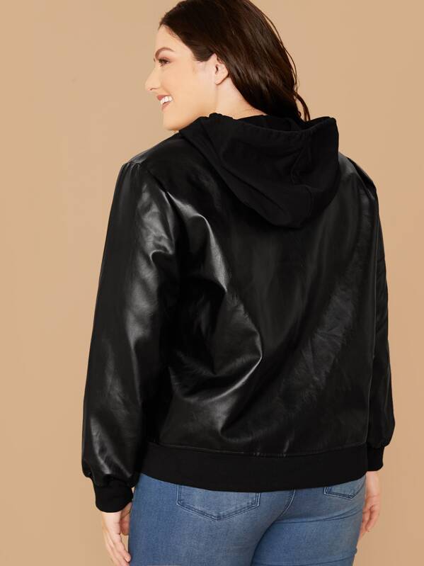 

Plus Zip Up Hooded Faux Leather Jacket, Black, Marcelle Pallais