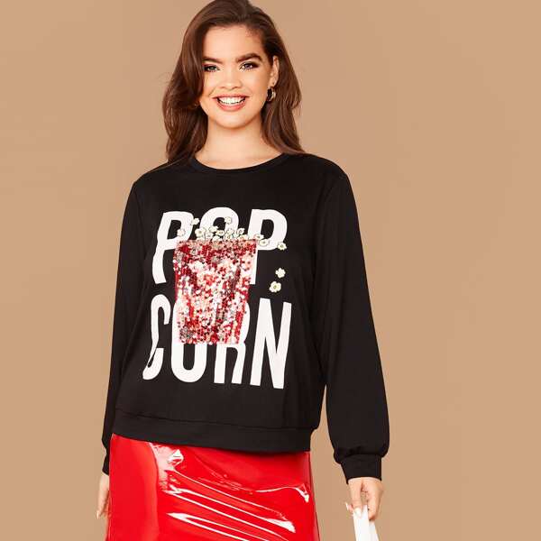 

Plus Slogan Graphic Contrast Sequin Patched Pullover, Black
