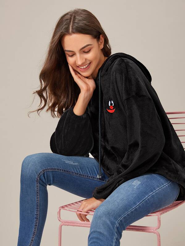 

Drop Shoulder Patched Detail Drawstring Flannel Hoodie, Black, Fernanda