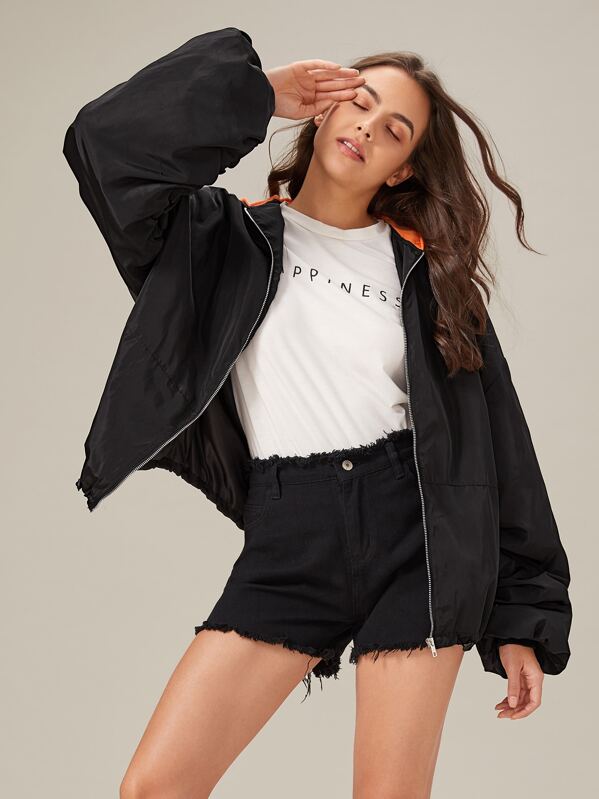 

Zip Up Windbreaker Jacket With Contrast Hood, Black, Fernanda