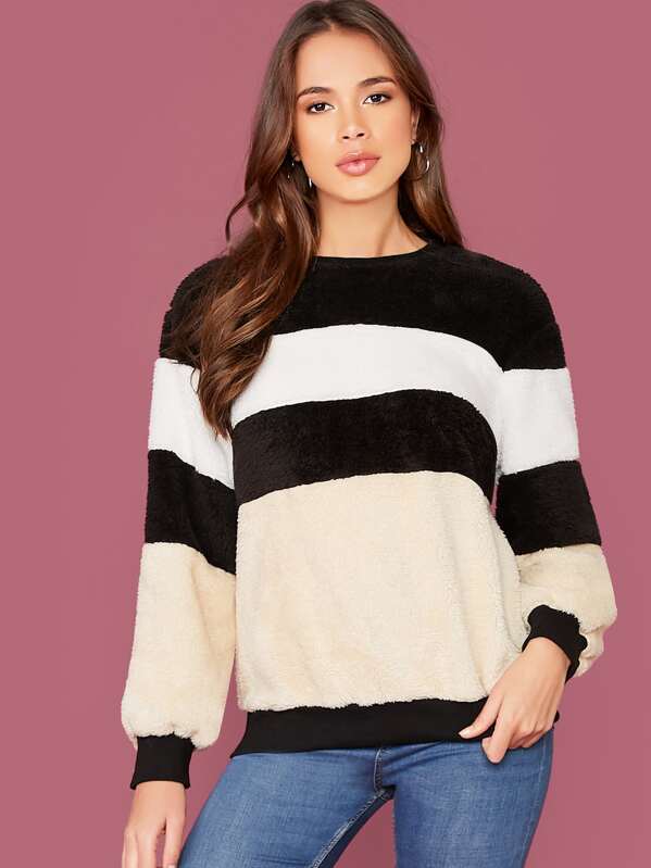 

Drop Shoulder Color Block Teddy Pullover, Multicolor, Julia Peres
