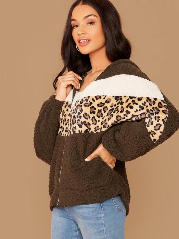 

Zip Up Leopard Panel Teddy Hooded Jacket, Brown, Juliette