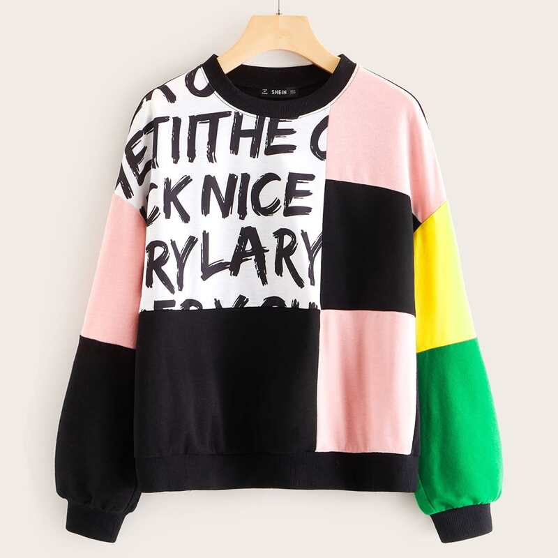 

Slogan Graphic Colorblock Pullover, Multicolor