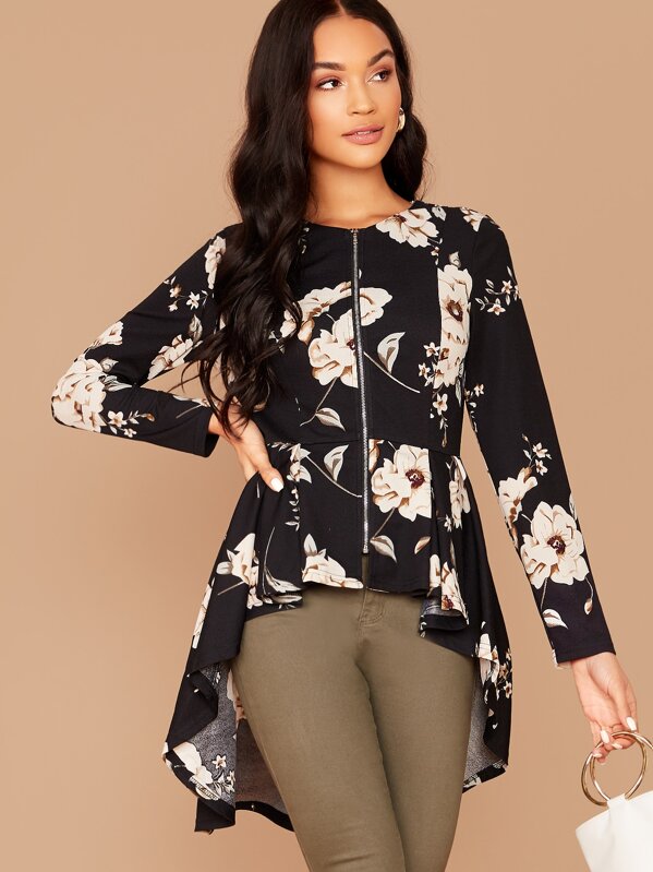 

Zip Up Dip Hem Floral Peplum Jacket, Multicolor, Juliette