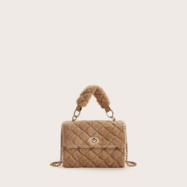 

Twist Lock Quilted Faux Fur Satchel Bag, Khaki