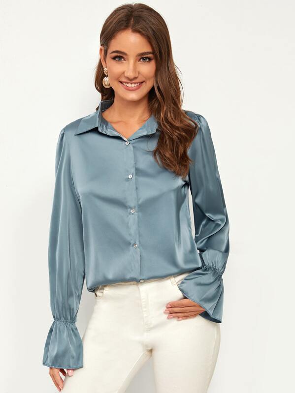 

Button Front Flounce Sleeve Satin Blouse, Blue, Debi Cruz
