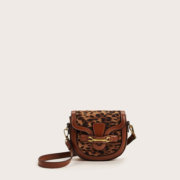 

Leopard Snaffle Decor Flap Crossbody Bag, Brown