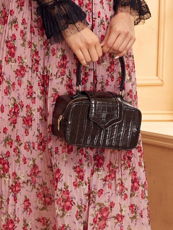 

Croc Embossed Satchel Bag, Brown