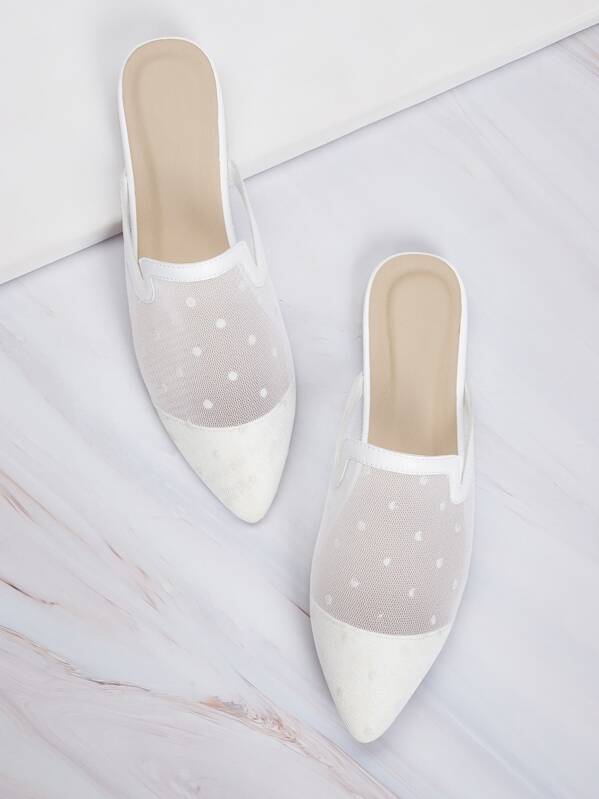 

Contrast Mesh Point Toe Flat Mules, White