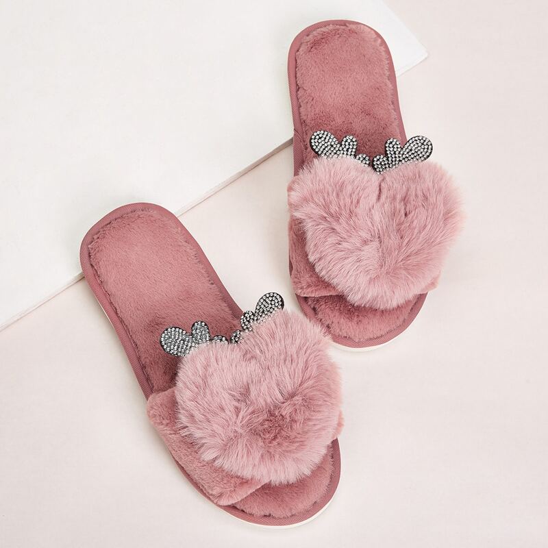 

Rhinestone Decor Faux Fur Open Toe Slippers, Pink
