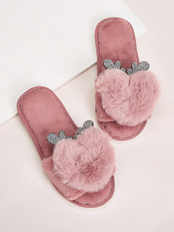 

Rhinestone Decor Faux Fur Open Toe Slippers, Pink
