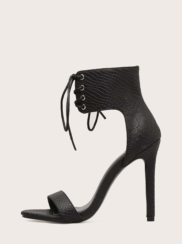 

Croc Embossed Lace-up Stiletto Heels, Black